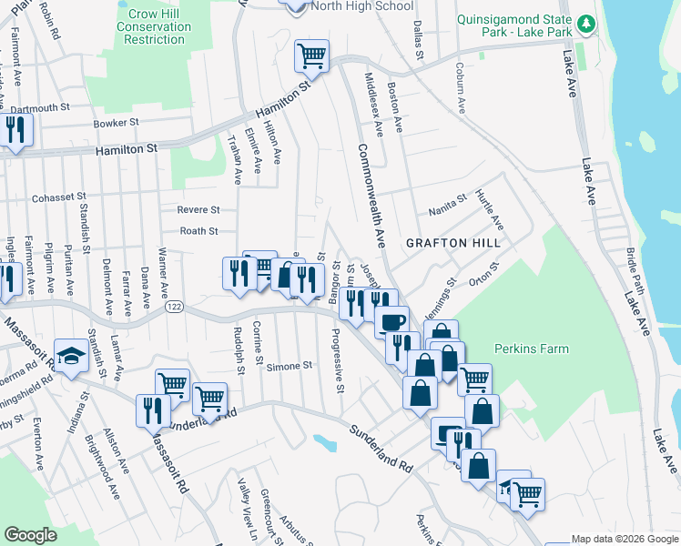 map of restaurants, bars, coffee shops, grocery stores, and more near 18 Bangor Street in Worcester