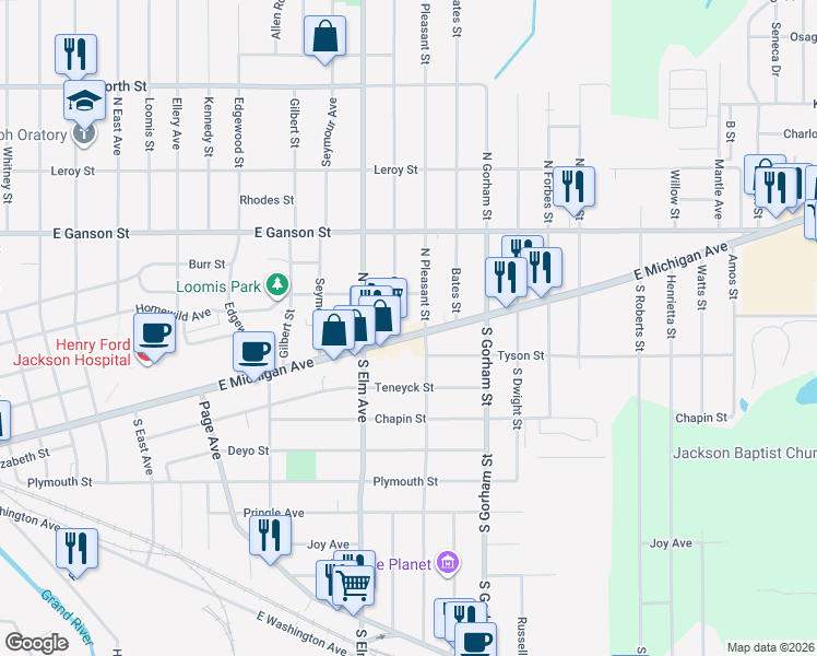 map of restaurants, bars, coffee shops, grocery stores, and more near 1706 E Michigan Ave in Jackson