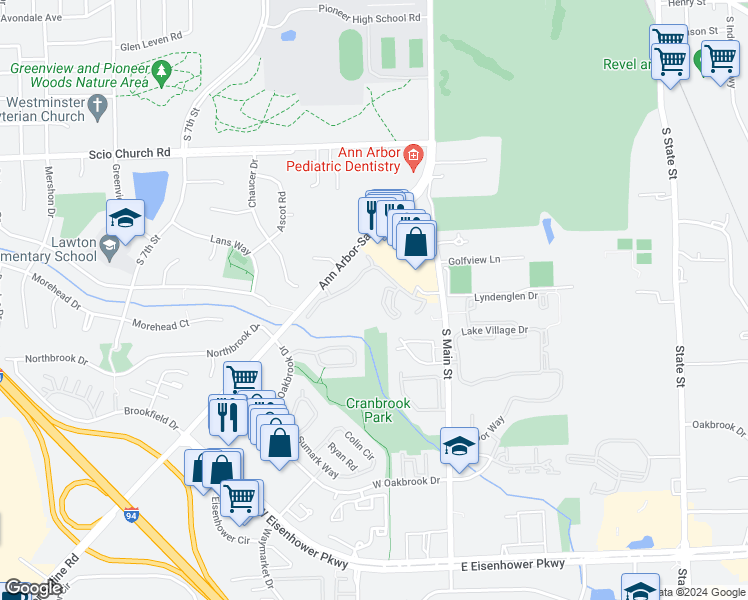 map of restaurants, bars, coffee shops, grocery stores, and more near 125 Fieldcrest Street in Ann Arbor