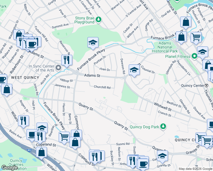 map of restaurants, bars, coffee shops, grocery stores, and more near 25 Churchill Road in Quincy