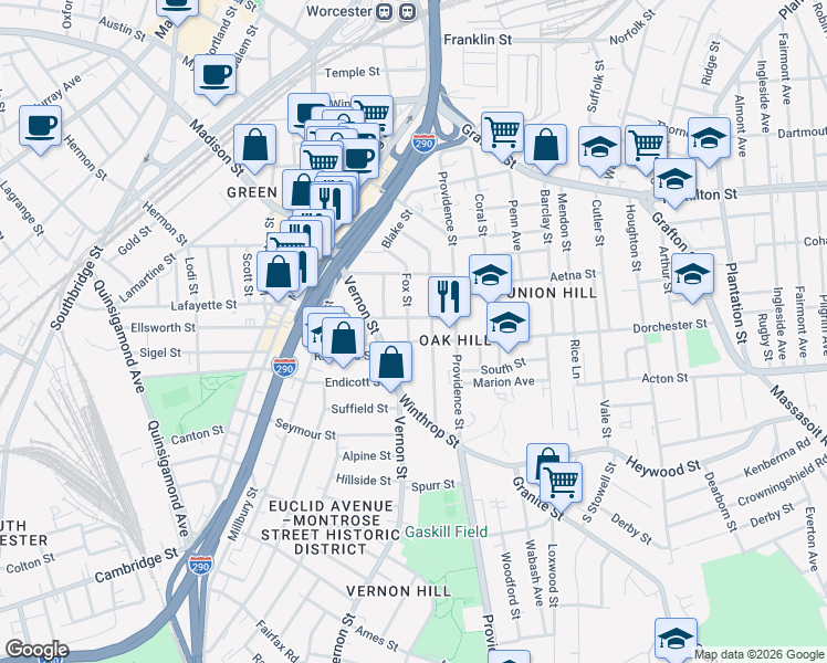 map of restaurants, bars, coffee shops, grocery stores, and more near 47 Dorchester Street in Worcester