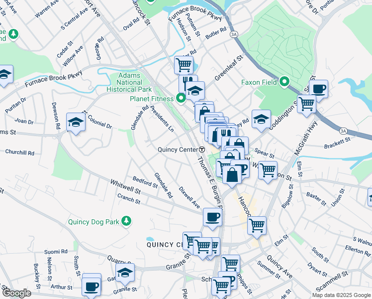 map of restaurants, bars, coffee shops, grocery stores, and more near 140 Presidents Lane in Quincy