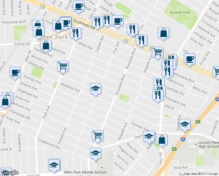 map of restaurants, bars, coffee shops, grocery stores, and more near 14899 McLain Avenue in Allen Park