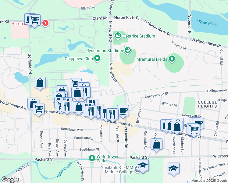 map of restaurants, bars, coffee shops, grocery stores, and more near 2224 Touchdown Court in Ypsilanti