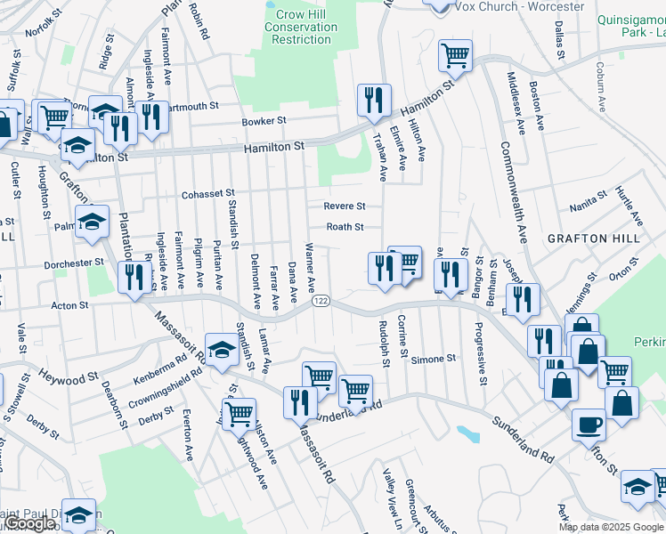map of restaurants, bars, coffee shops, grocery stores, and more near 23 Inverness Avenue in Worcester