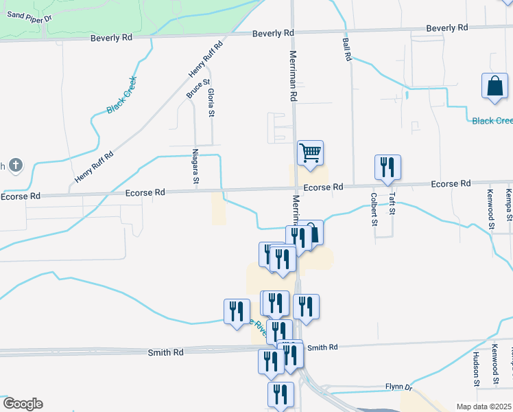 map of restaurants, bars, coffee shops, grocery stores, and more near 31647 Ecorse Road in Romulus