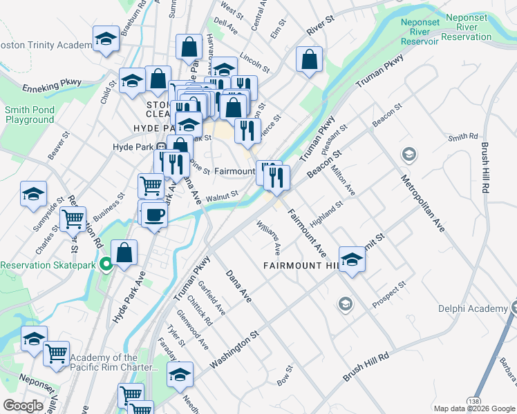 map of restaurants, bars, coffee shops, grocery stores, and more near 715 Truman Parkway in Boston