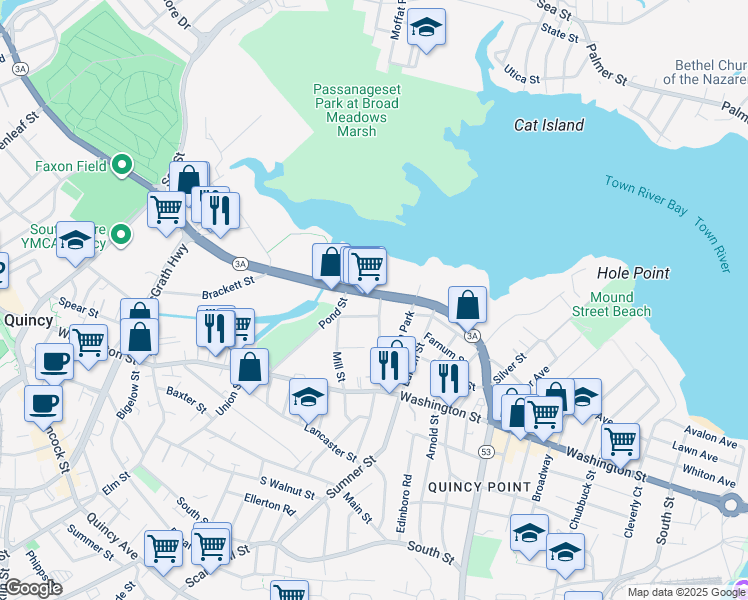 map of restaurants, bars, coffee shops, grocery stores, and more near 659 Southern Artery in Quincy