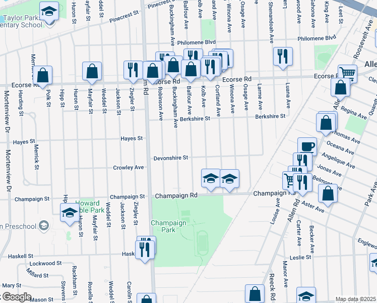 map of restaurants, bars, coffee shops, grocery stores, and more near 7860 Balfour Avenue in Allen Park