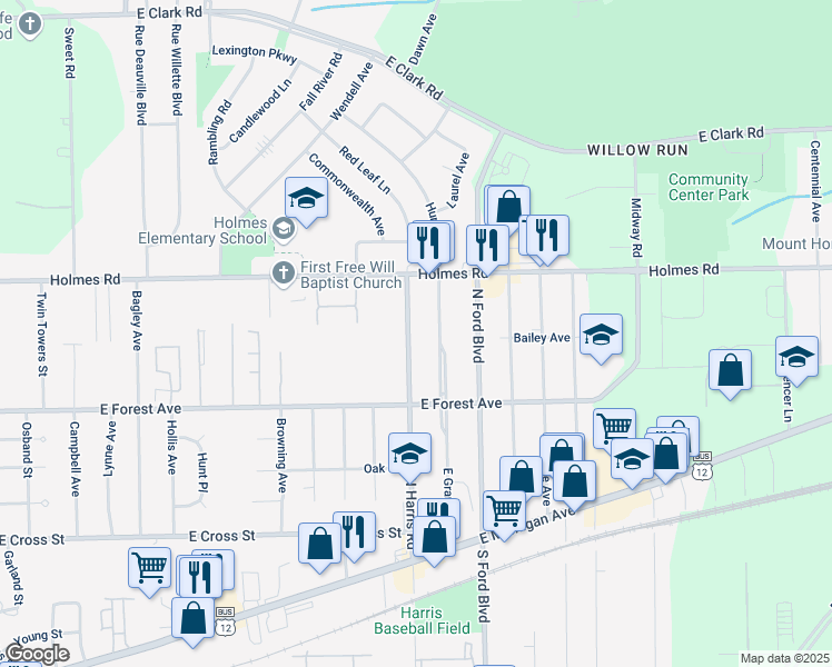 map of restaurants, bars, coffee shops, grocery stores, and more near 800 North Harris Road in Ypsilanti