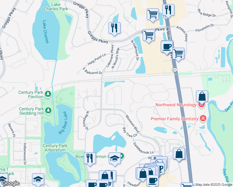 map of restaurants, bars, coffee shops, grocery stores, and more near 1453 North Pinehurst Drive in Vernon Hills