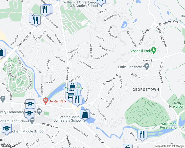 map of restaurants, bars, coffee shops, grocery stores, and more near 12 Parsons Terrace in Dedham