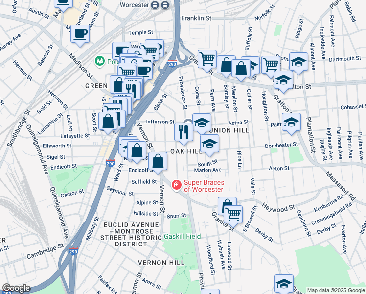 map of restaurants, bars, coffee shops, grocery stores, and more near 88 Providence Street in Worcester