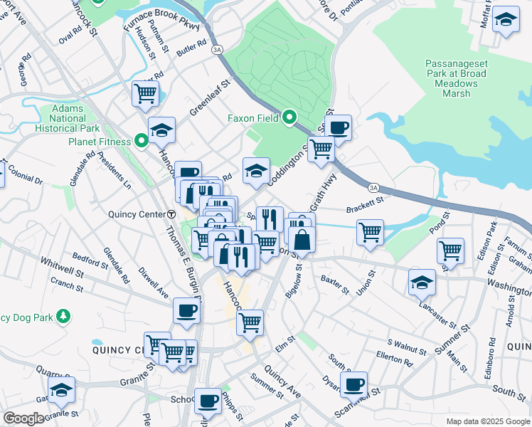 map of restaurants, bars, coffee shops, grocery stores, and more near 42 Spear Street in Quincy