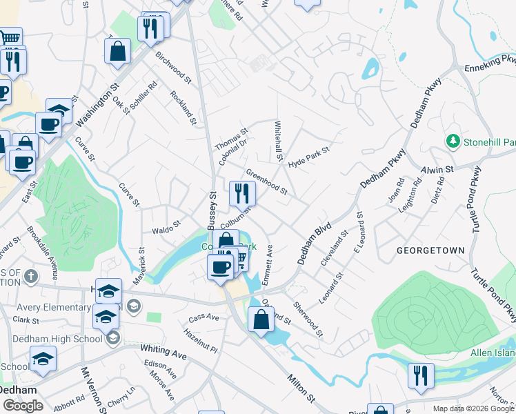 map of restaurants, bars, coffee shops, grocery stores, and more near 146 Colburn Street in Dedham
