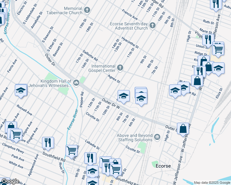 map of restaurants, bars, coffee shops, grocery stores, and more near 4153 10th Street in Ecorse