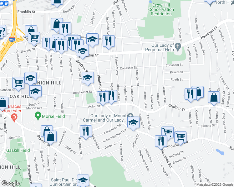 map of restaurants, bars, coffee shops, grocery stores, and more near 226 Fairmont Avenue in Worcester