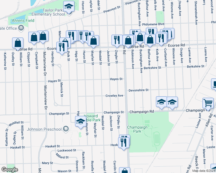 map of restaurants, bars, coffee shops, grocery stores, and more near 7772 Jackson Street in Taylor