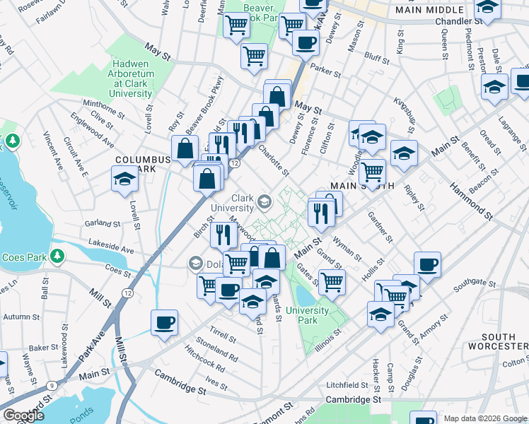 map of restaurants, bars, coffee shops, grocery stores, and more near 950 Main Street in Worcester