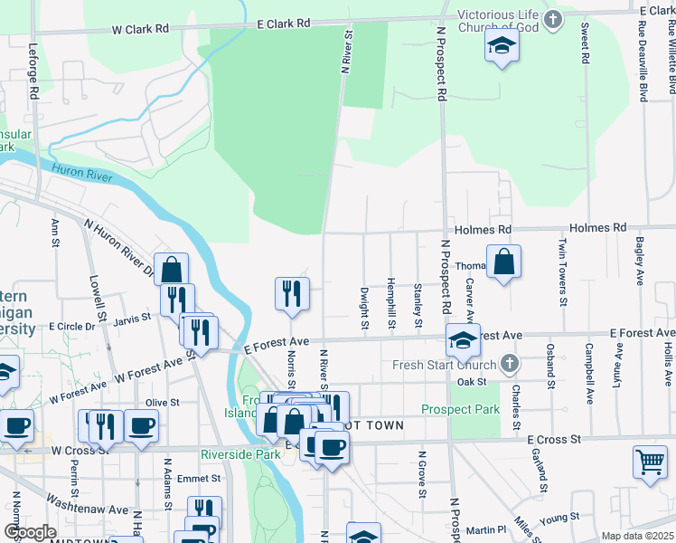 map of restaurants, bars, coffee shops, grocery stores, and more near 810 N River St in Ypsilanti