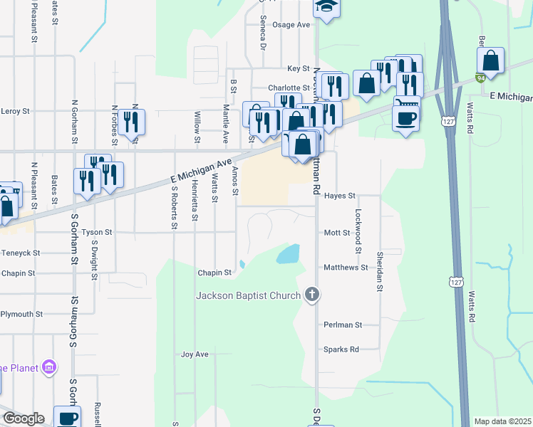 map of restaurants, bars, coffee shops, grocery stores, and more near 2921 Woods Circle Drive in Jackson
