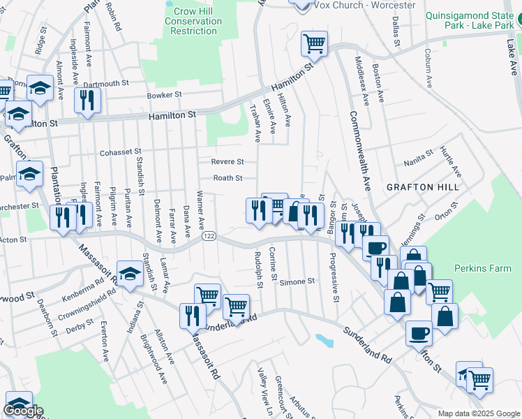 map of restaurants, bars, coffee shops, grocery stores, and more near 63 Trahan Avenue in Worcester