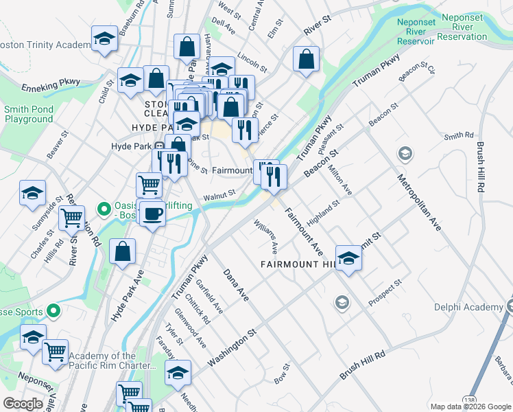 map of restaurants, bars, coffee shops, grocery stores, and more near 715 Truman Parkway in Boston