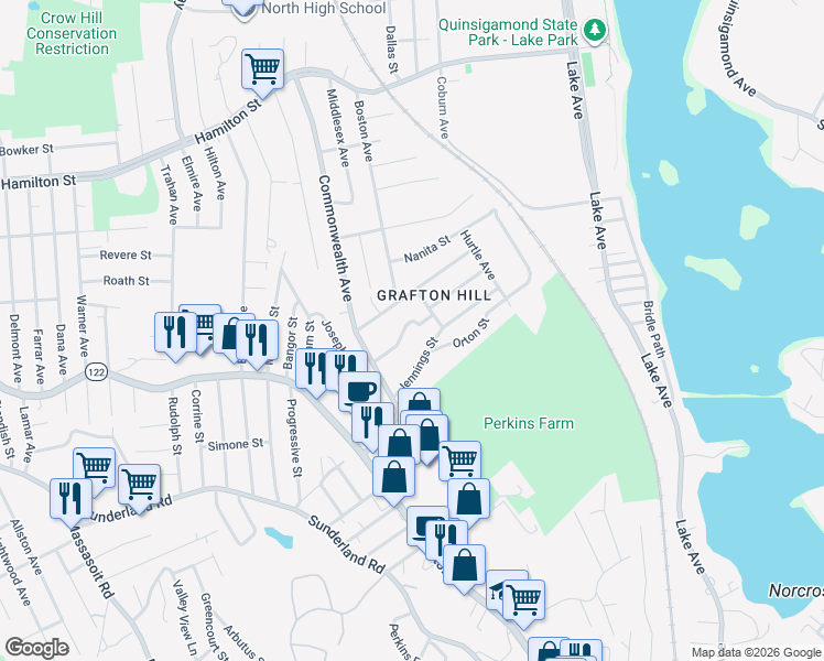 map of restaurants, bars, coffee shops, grocery stores, and more near 26 Angelo Street in Worcester