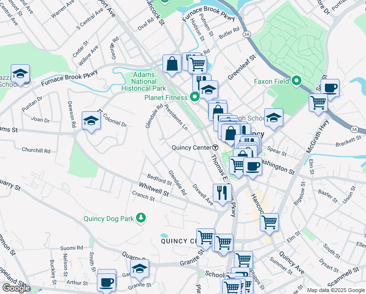 map of restaurants, bars, coffee shops, grocery stores, and more near 82 Dimmock Street in Quincy