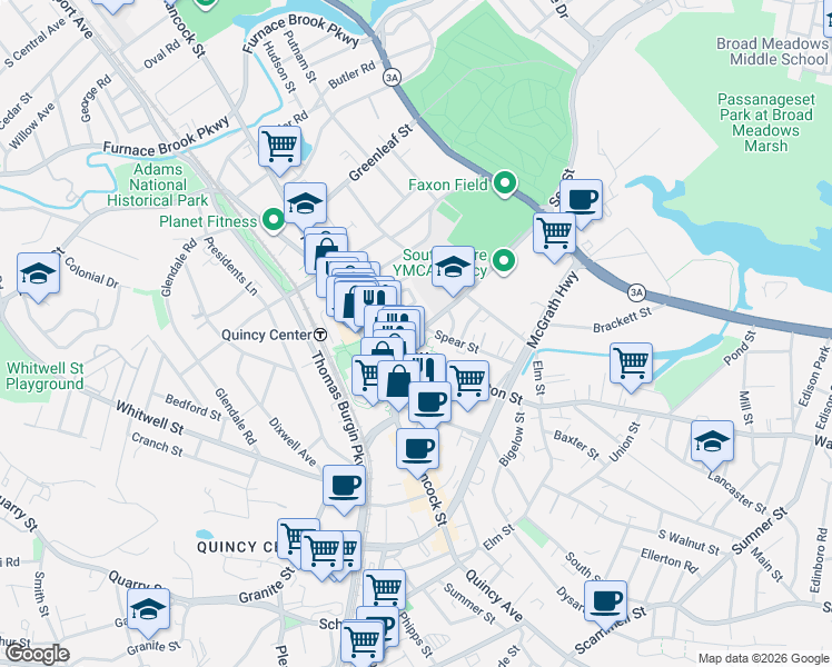 map of restaurants, bars, coffee shops, grocery stores, and more near 6 Coddington Street in Quincy