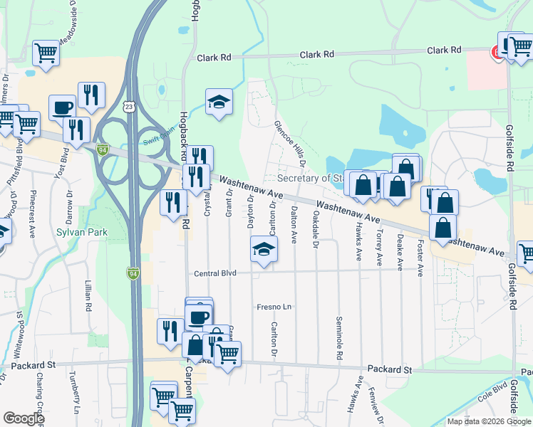 map of restaurants, bars, coffee shops, grocery stores, and more near 2408 Carlton Drive in Ann Arbor