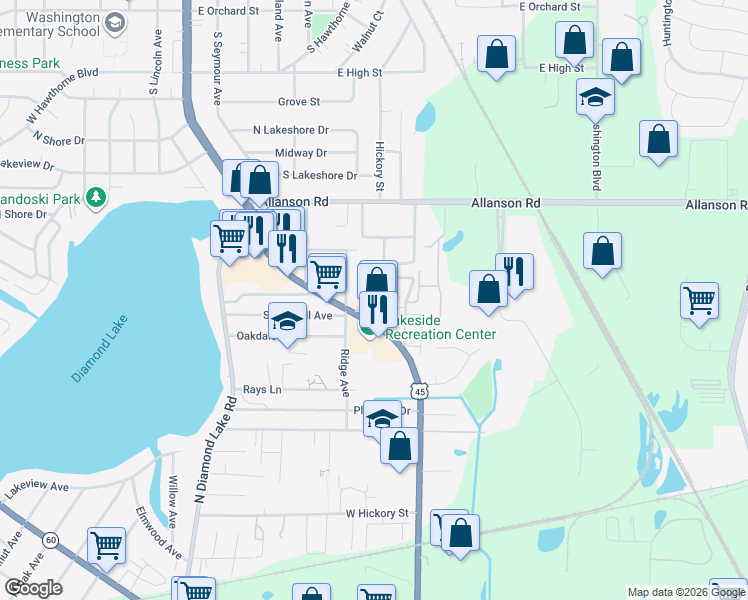 map of restaurants, bars, coffee shops, grocery stores, and more near 555 Deepwoods Drive in Mundelein
