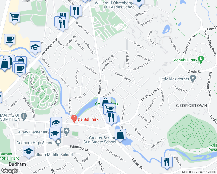 map of restaurants, bars, coffee shops, grocery stores, and more near 25 Congress Place in Dedham