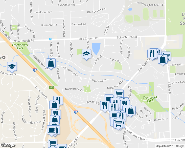 map of restaurants, bars, coffee shops, grocery stores, and more near 2325 South 7th Street in Ann Arbor