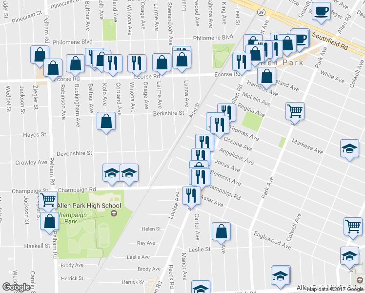 map of restaurants, bars, coffee shops, grocery stores, and more near 16182 Jonas Avenue in Allen Park
