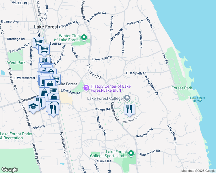 map of restaurants, bars, coffee shops, grocery stores, and more near 659 Sheridan Road in Lake Forest