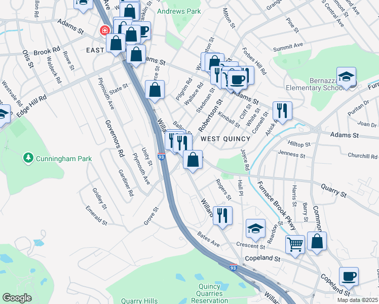 map of restaurants, bars, coffee shops, grocery stores, and more near 134 Robertson Street in Quincy