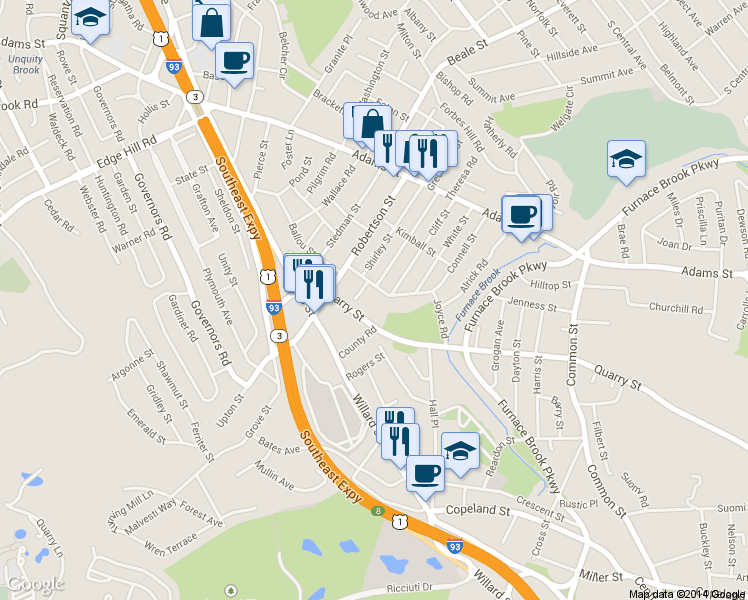 map of restaurants, bars, coffee shops, grocery stores, and more near 138 Connell Street in Quincy