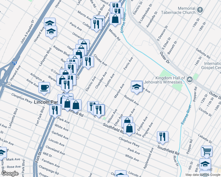 map of restaurants, bars, coffee shops, grocery stores, and more near 1506 Ferris Avenue in Lincoln Park