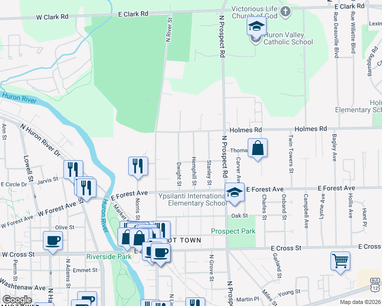 map of restaurants, bars, coffee shops, grocery stores, and more near 807 Hemphill Street in Ypsilanti