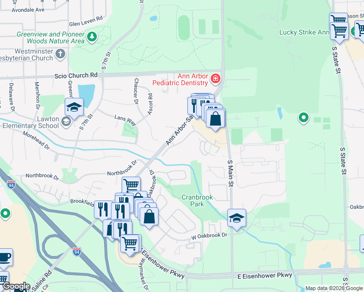 map of restaurants, bars, coffee shops, grocery stores, and more near 239 Fieldcrest Street in Ann Arbor