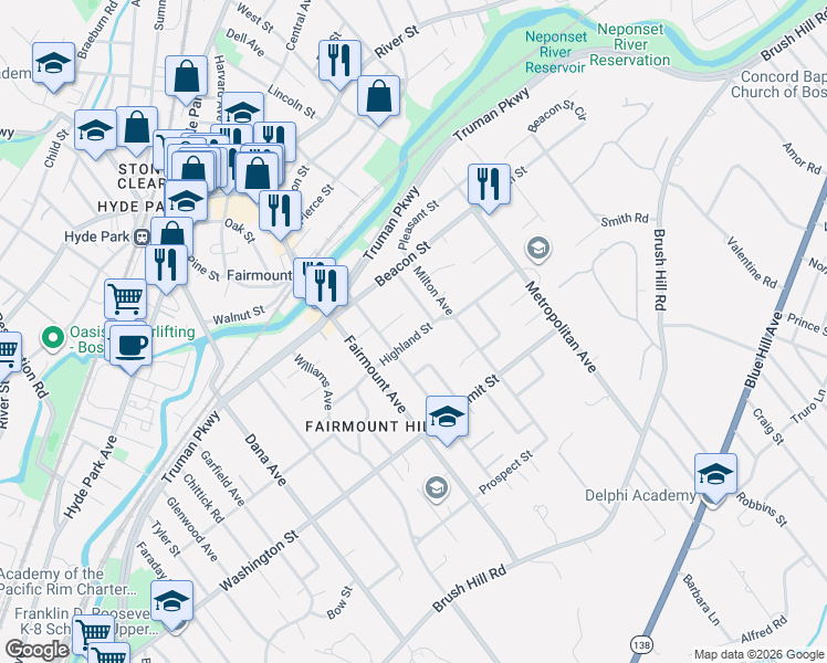map of restaurants, bars, coffee shops, grocery stores, and more near 66 Highland Street in Boston