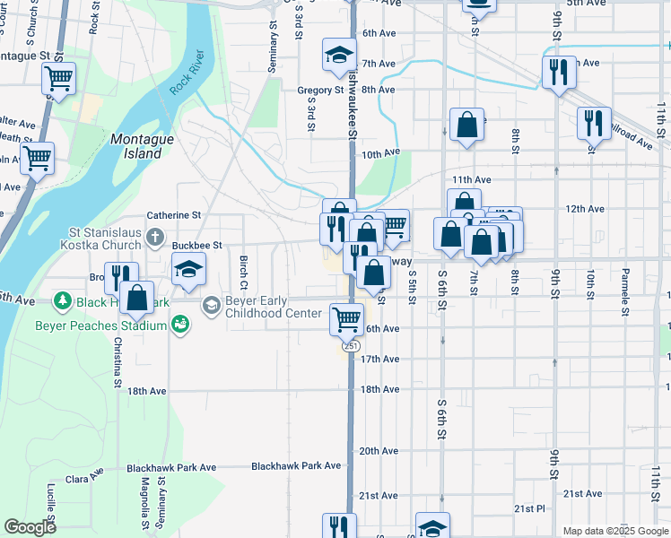 map of restaurants, bars, coffee shops, grocery stores, and more near 1505 Kishwaukee Street in Rockford
