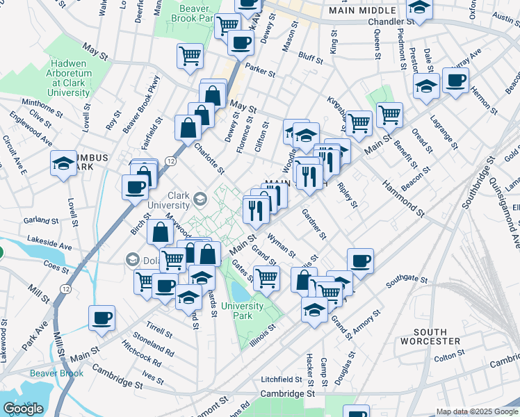 map of restaurants, bars, coffee shops, grocery stores, and more near 7 Hawthorne Street in Worcester