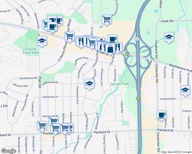 map of restaurants, bars, coffee shops, grocery stores, and more near 3512 Carolyn Street in Ann Arbor