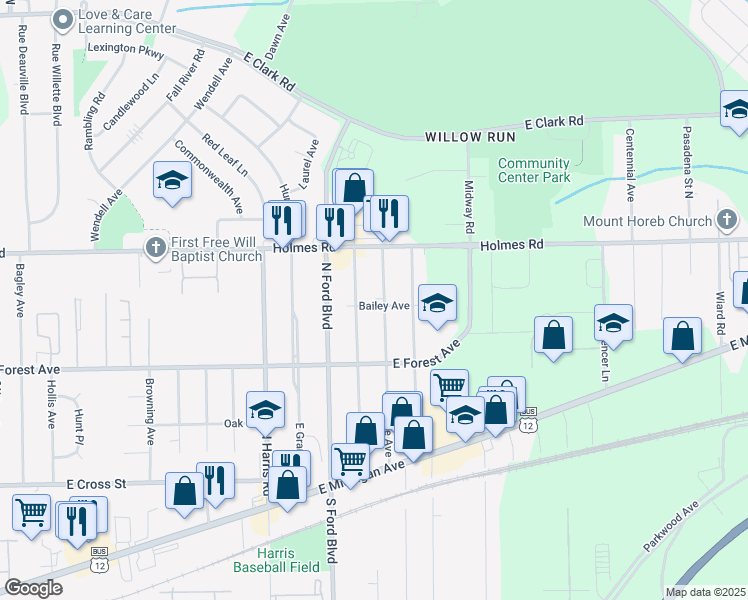 map of restaurants, bars, coffee shops, grocery stores, and more near 801 Jerome Avenue in Ypsilanti