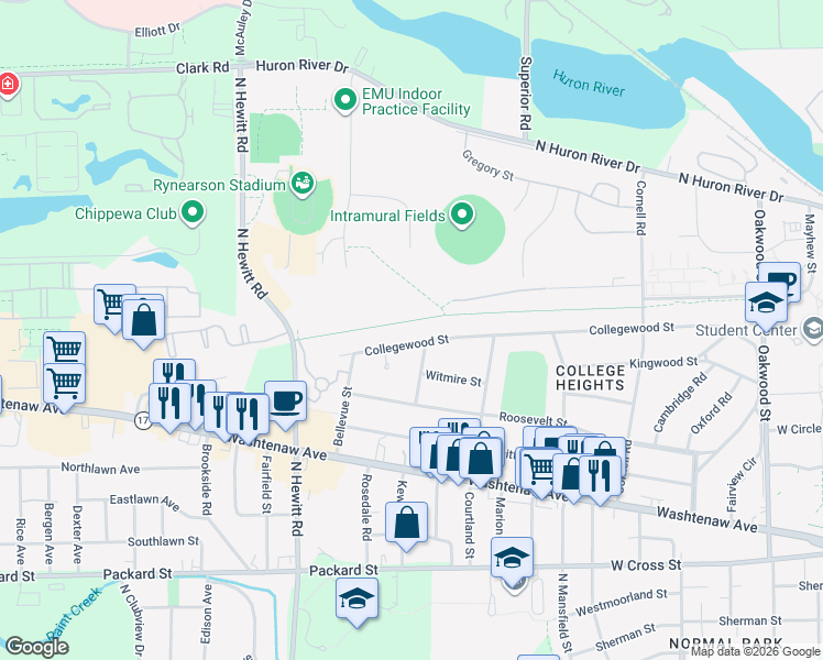 map of restaurants, bars, coffee shops, grocery stores, and more near 2012 Collegewood Street in Ypsilanti
