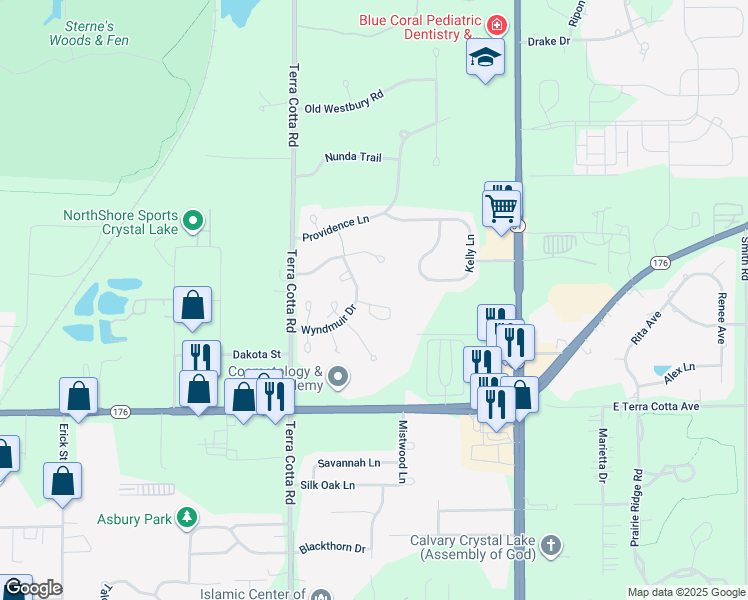 map of restaurants, bars, coffee shops, grocery stores, and more near 742 Norwich Court in Crystal Lake