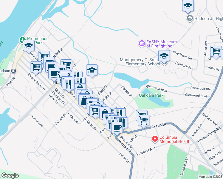 map of restaurants, bars, coffee shops, grocery stores, and more near 93 North 5th Street in Hudson