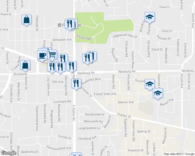 map of restaurants, bars, coffee shops, grocery stores, and more near 4324 Sovereign Boulevard in Rockford